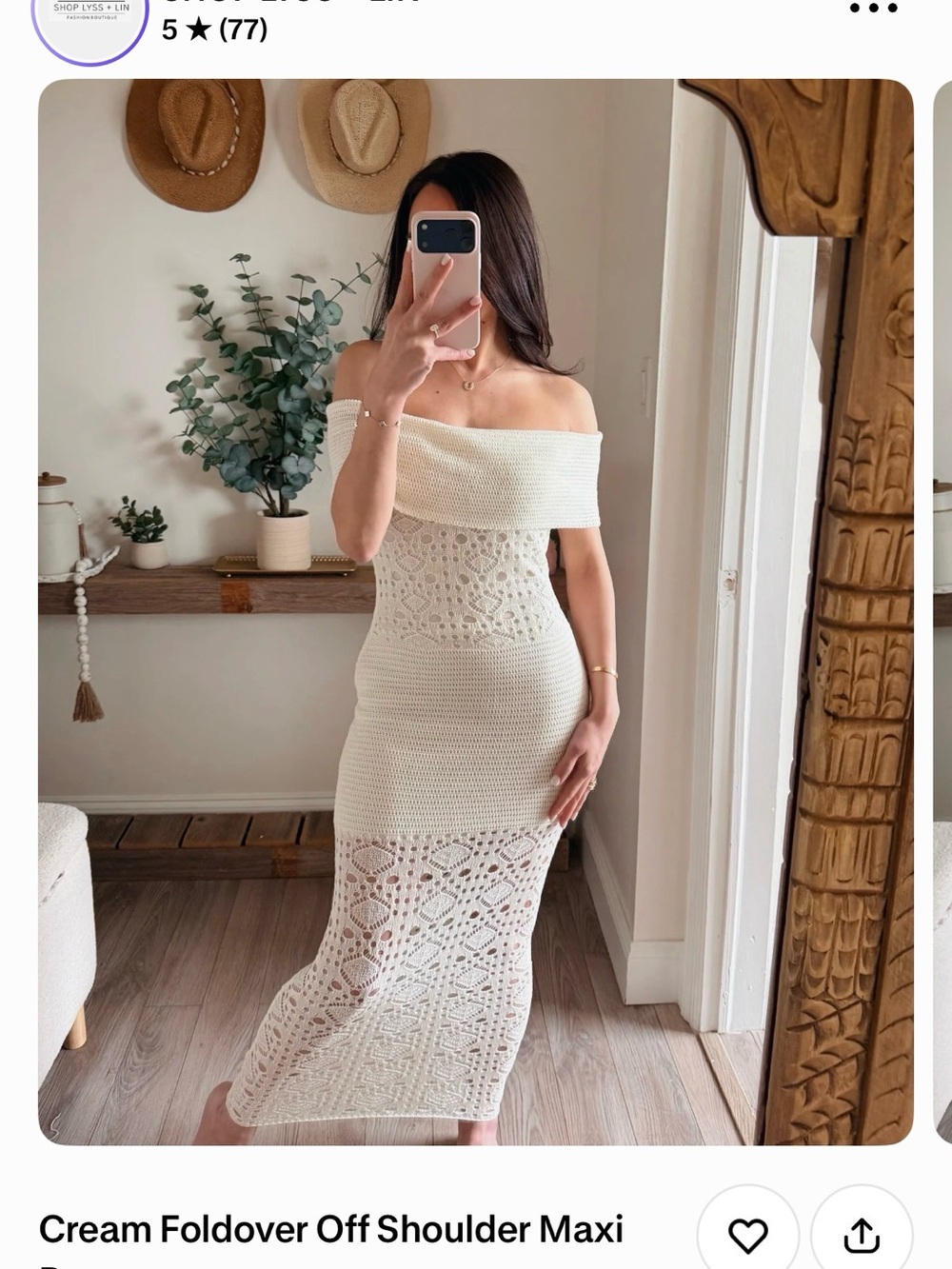 NWT Cream Foldover Off-Shoulder Maxi Dress - Elegant Crochet - Small